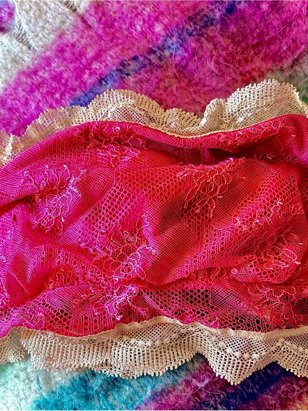 Calvin Klien Luxury Pink Lace Bandeau Bralette in Fuchsia with Ivory Trim